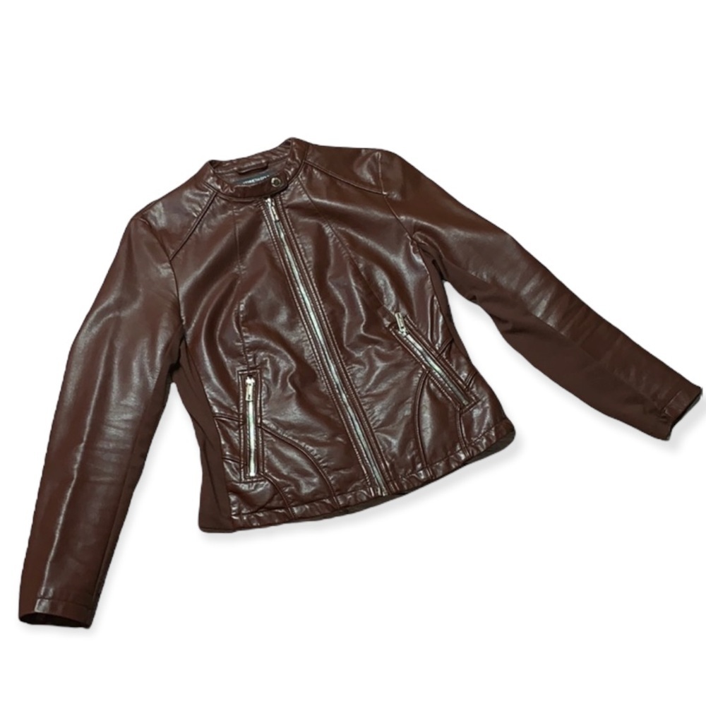 KENNETH COLE Brown Vegan Leather Moto Jacket with Silver Hardware M